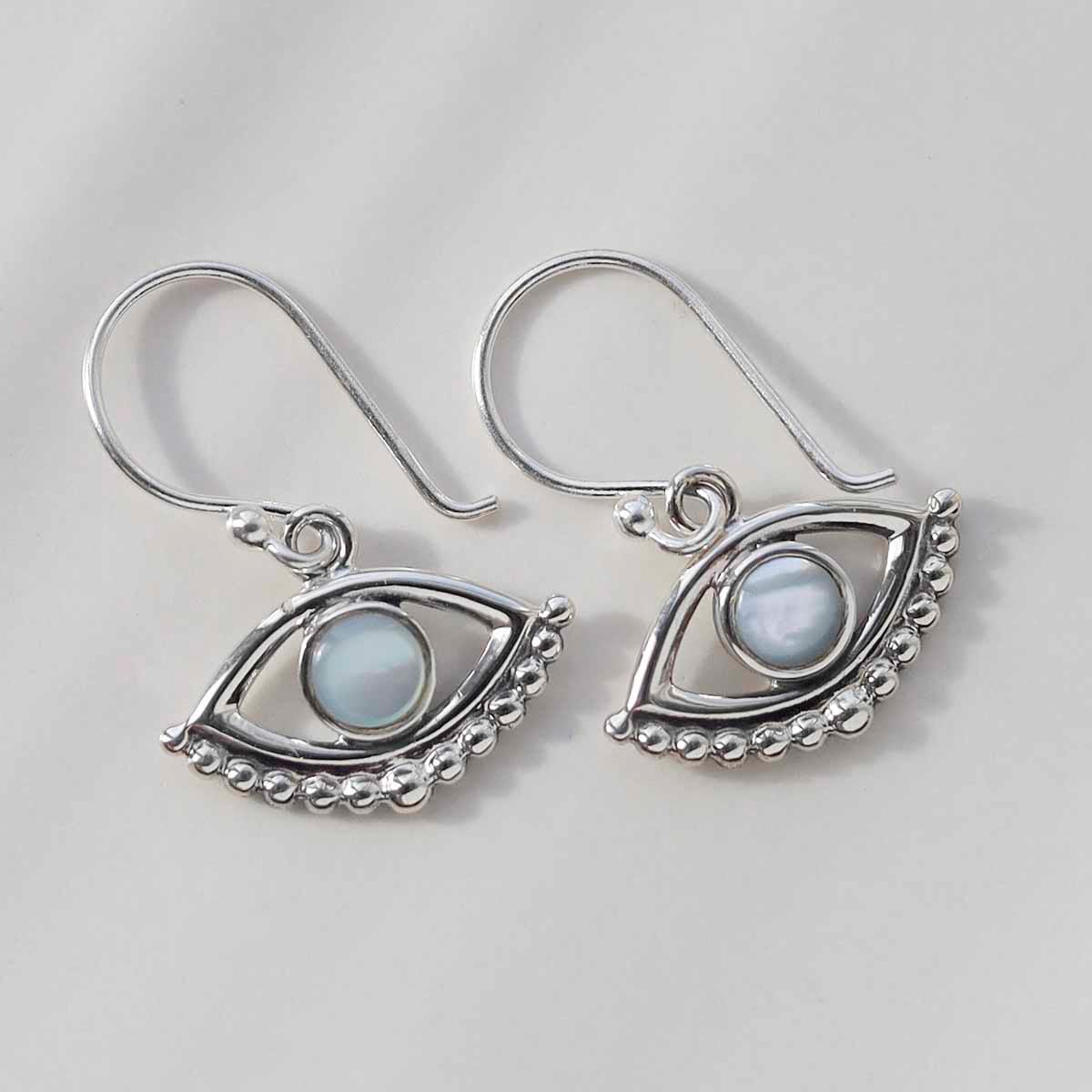 Sterling Silver Mother of Pearl Evil Eye Dangly Earrings