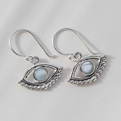 ML806M Sterling Silver Mother of Pearl Evil Eye Dangly Earrings 2