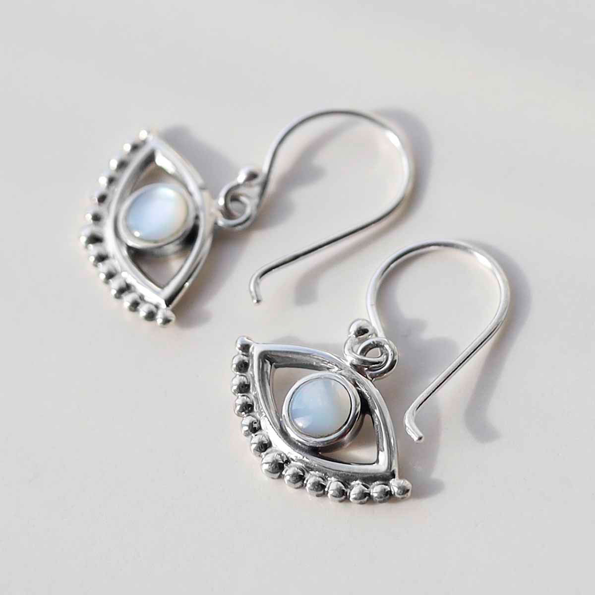 Sterling Silver Mother of Pearl Evil Eye Dangly Earrings