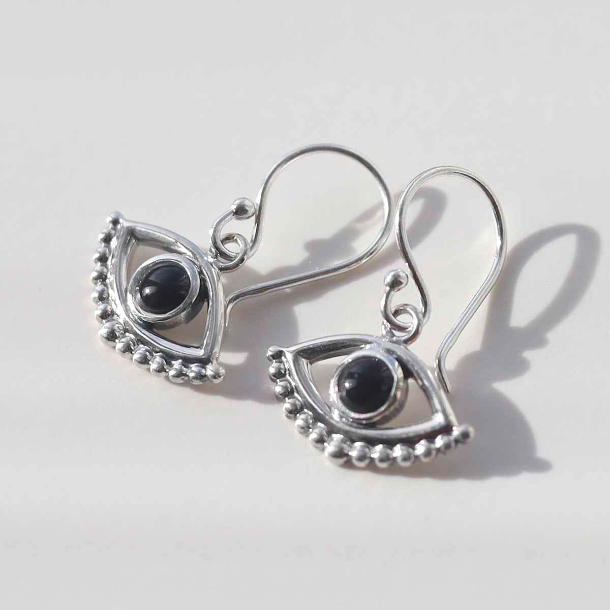 Sterling Silver Onyx Evil Eye Dangly Earrings