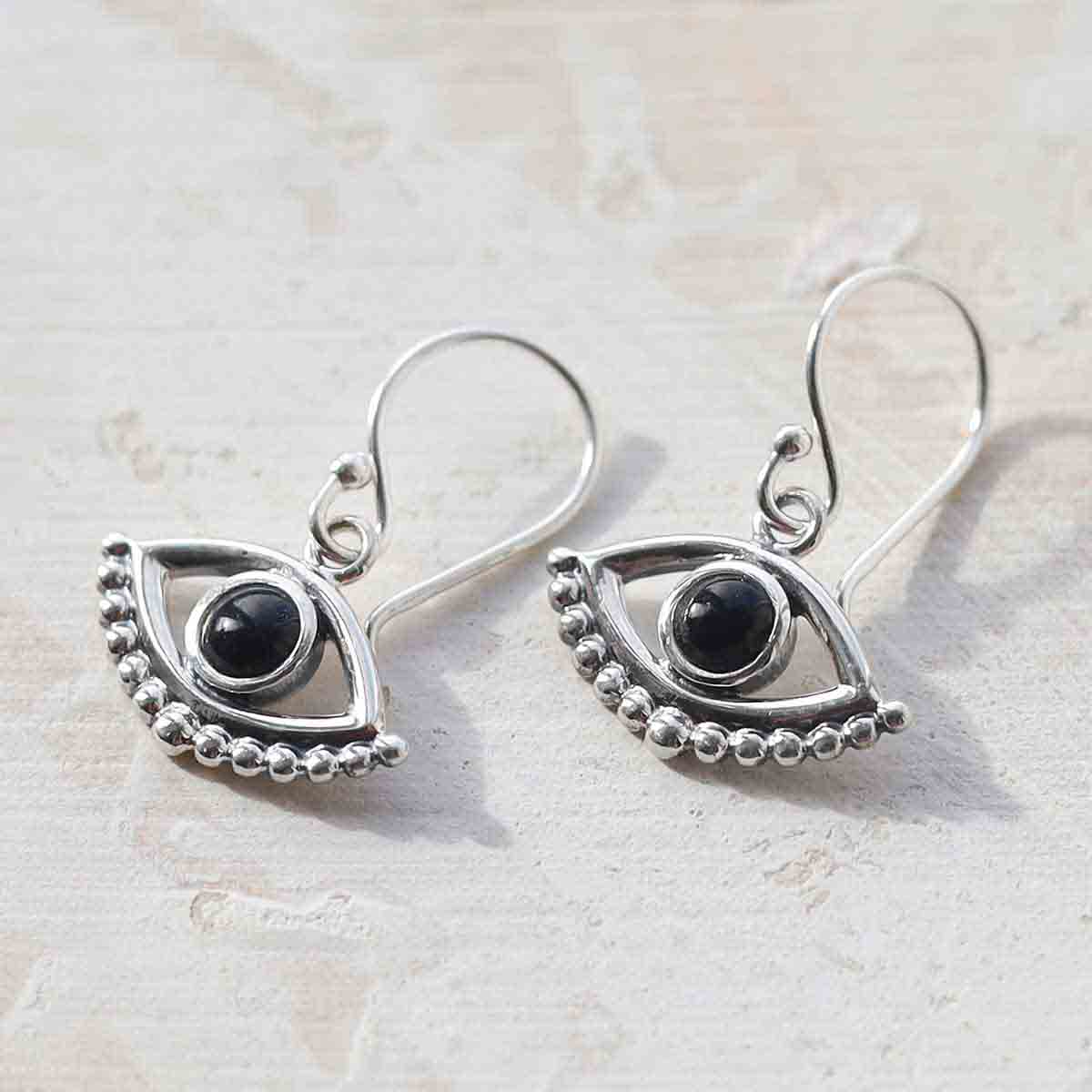 Sterling Silver Onyx Evil Eye Dangly Earrings