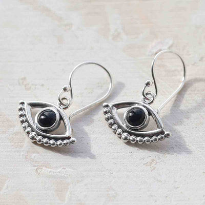 ML806O Sterling Silver Onyx Evil Eye Dangly Earrings 3
