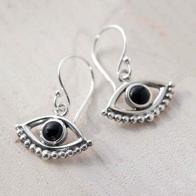 ML806O Sterling Silver Onyx Evil Eye Dangly Earrings