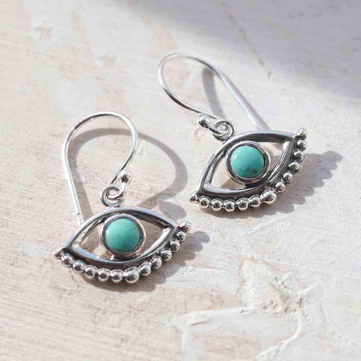 Sterling Silver Turquoise Evil Eye Dangly Earrings