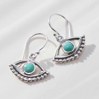 ML806T Sterling Silver Turquoise Evil Eye Dangly Earrings