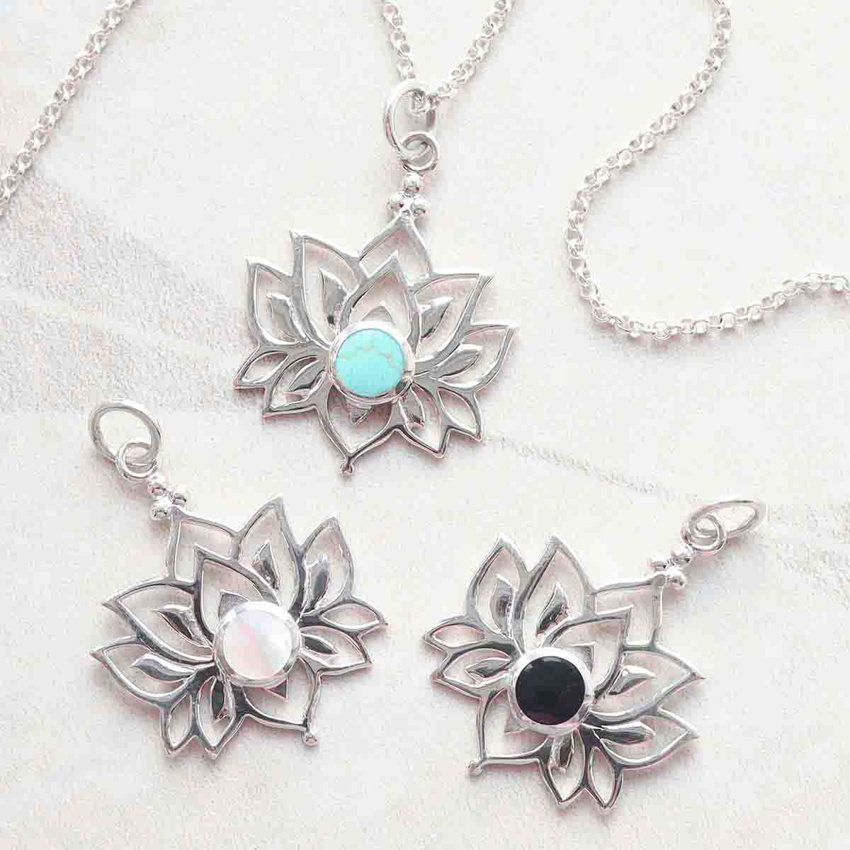 Sterling Silver Turquoise Lotus Pendant Necklace