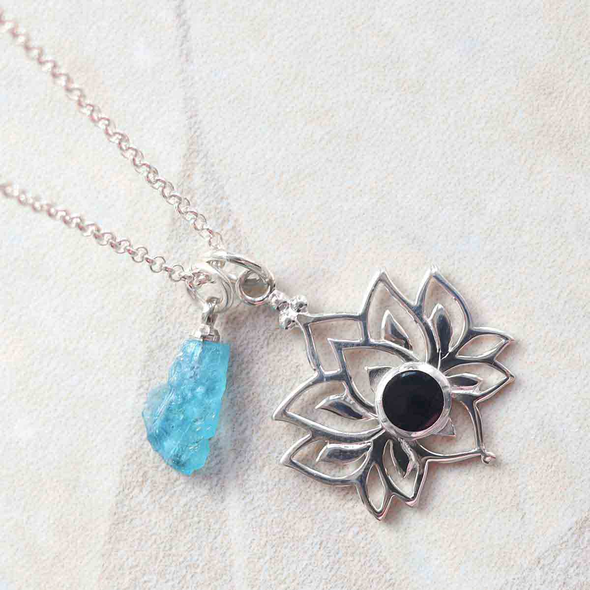 Sterling Silver Onyx Lotus Pendant Necklace