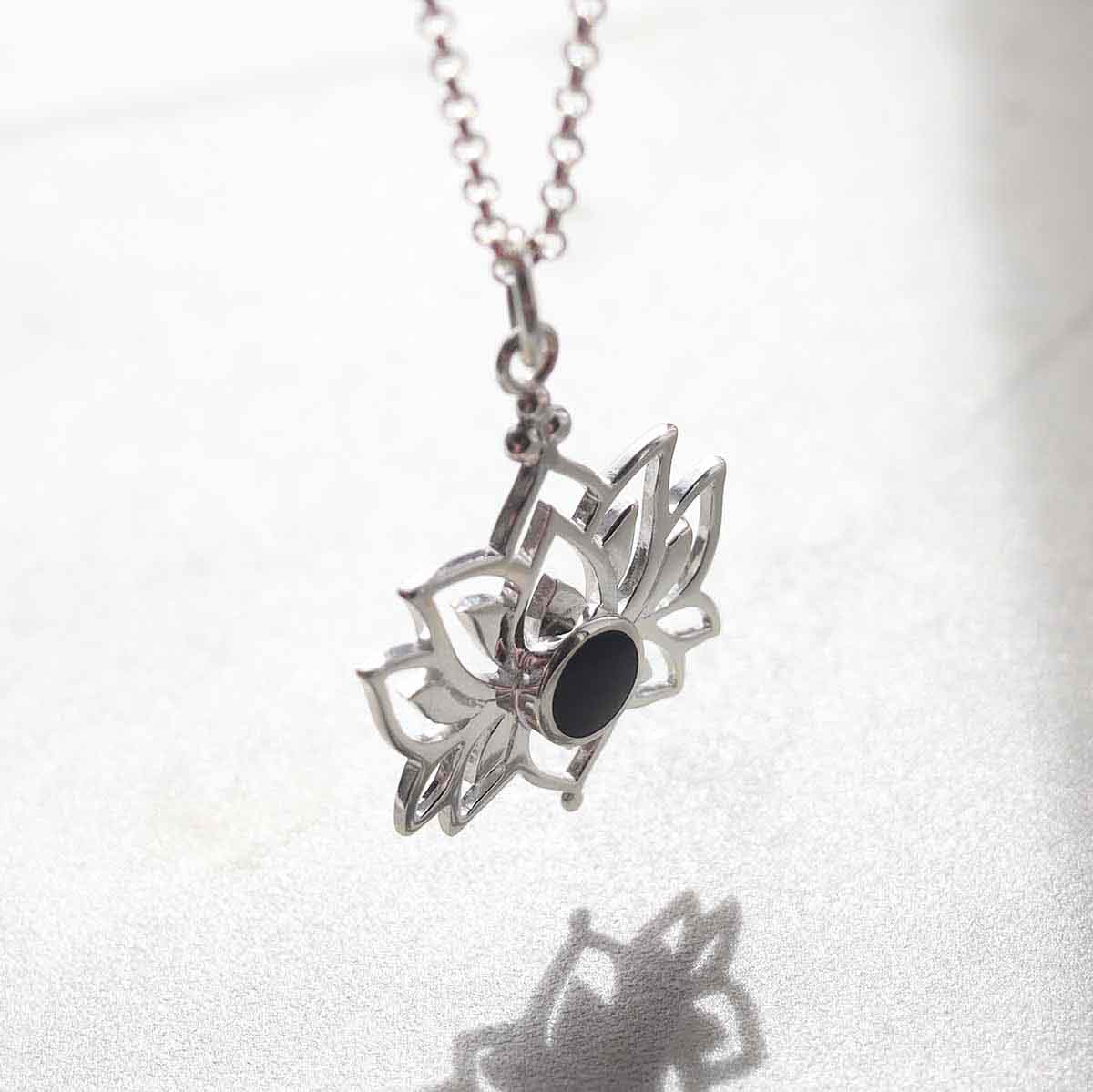 Sterling Silver Onyx Lotus Pendant Necklace