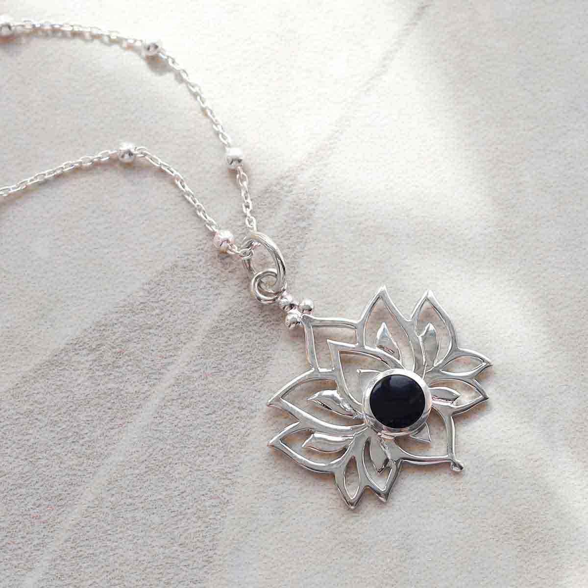 Sterling Silver Onyx Lotus Pendant Necklace