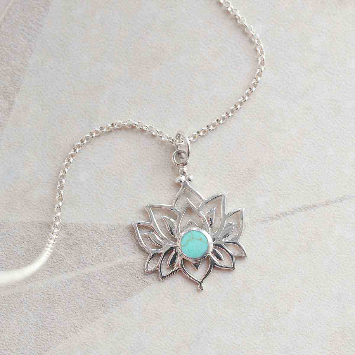 Sterling Silver Turquoise Lotus Pendant Necklace