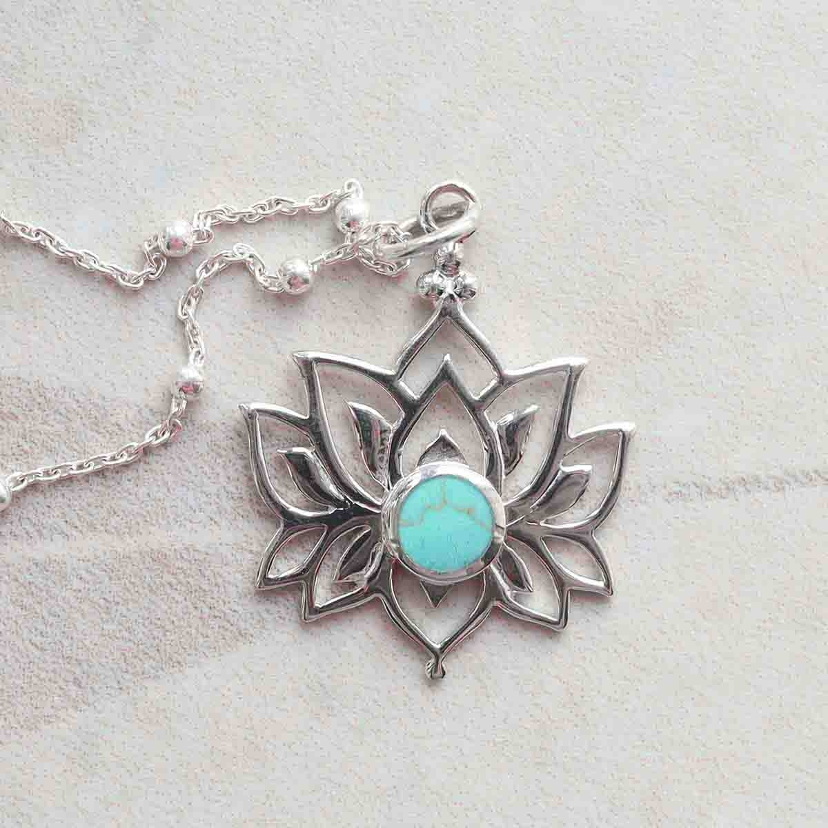 Sterling Silver Turquoise Lotus Pendant Necklace