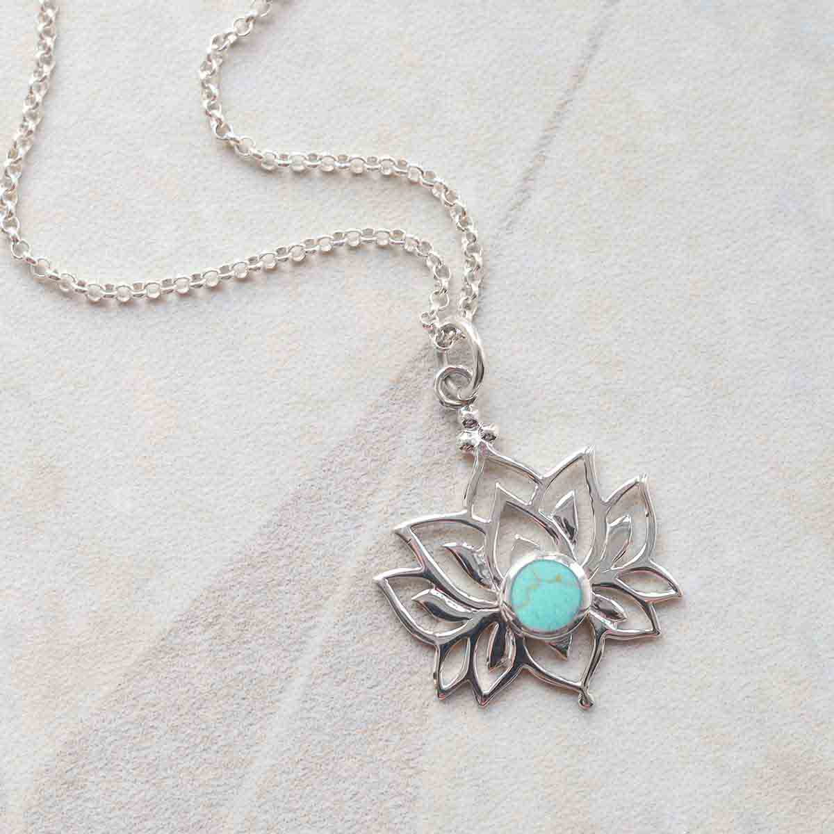 Sterling Silver Turquoise Lotus Pendant Necklace