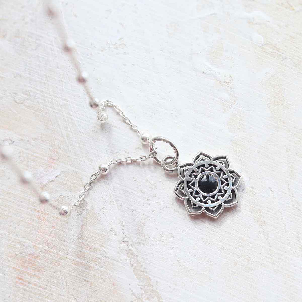 Sterling Silver Onyx Moroccan Flower Necklace