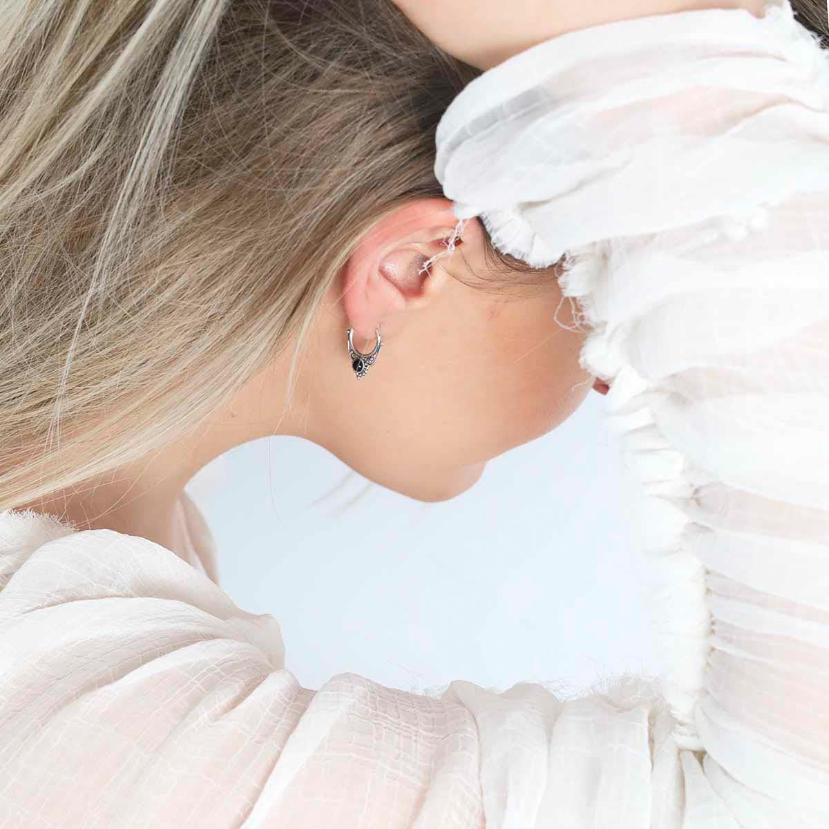 Sterling Silver Onyx Drop Hoop Earrings