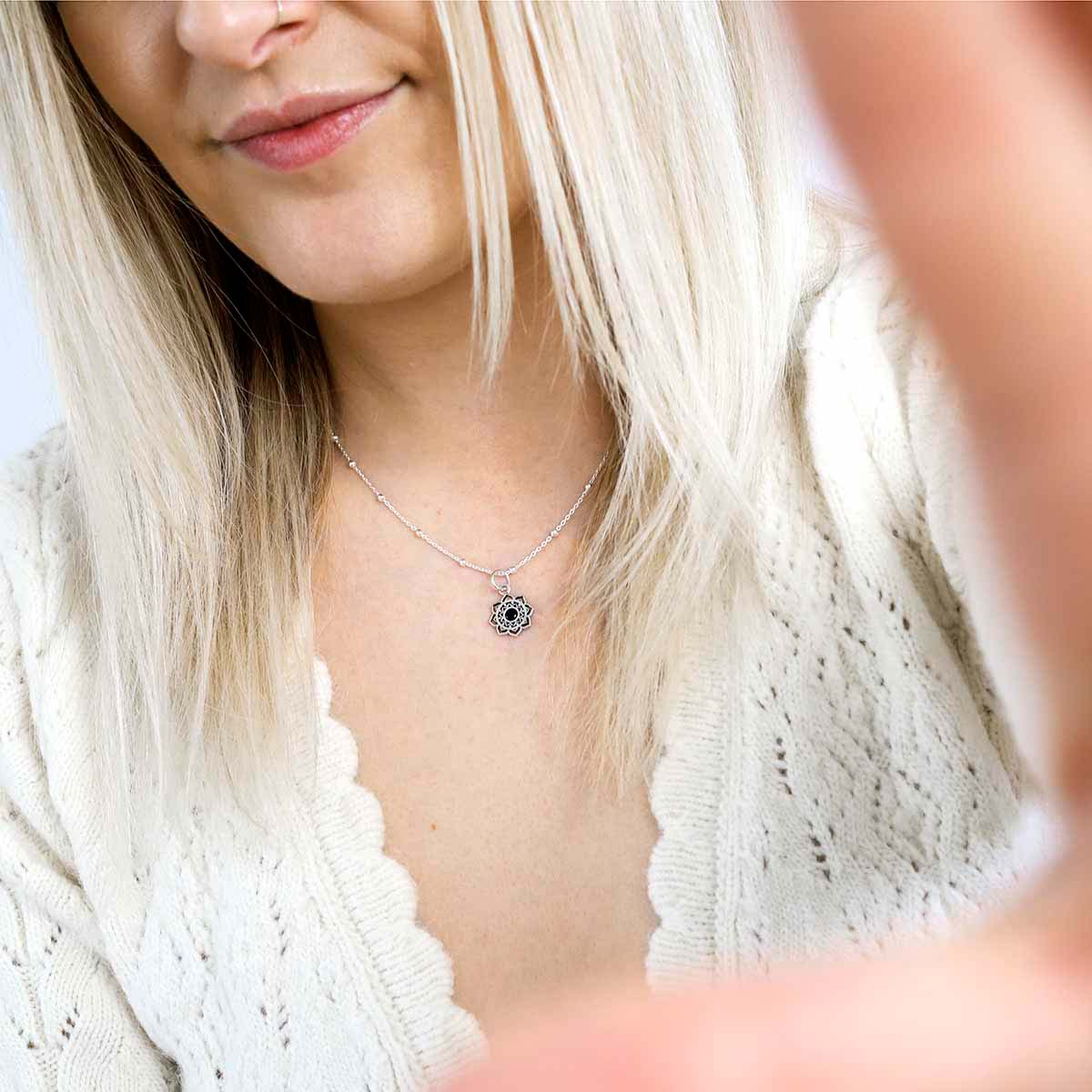 Sterling Silver Onyx Moroccan Flower Necklace