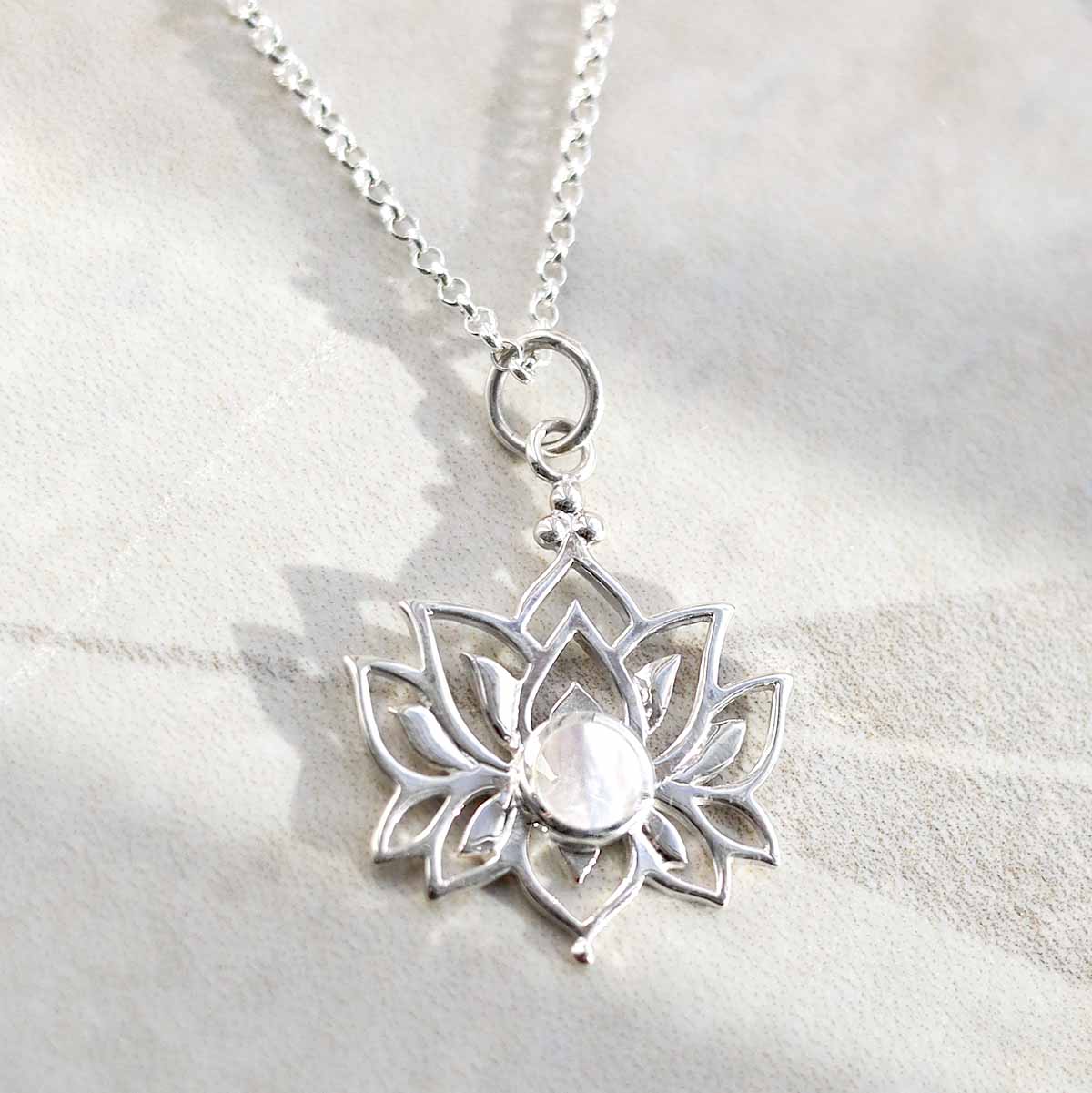 Sterling Silver Mother of Pearl Lotus Pendant Necklace