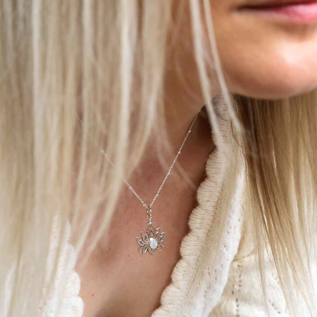 Sterling Silver Mother of Pearl Lotus Pendant Necklace