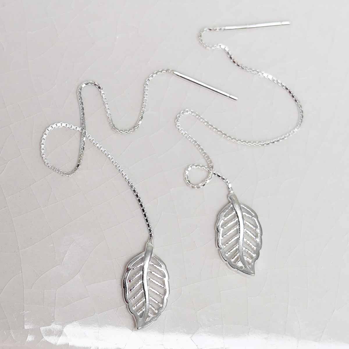 Sterling Silver Leaf Threader Earrings