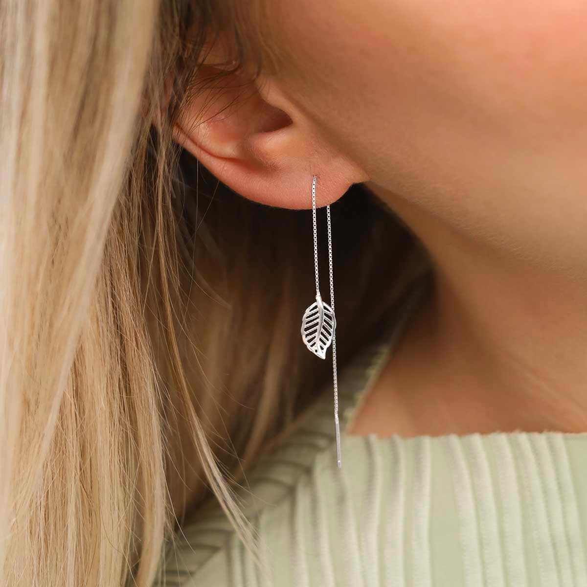 Sterling Silver Leaf Threader Earrings