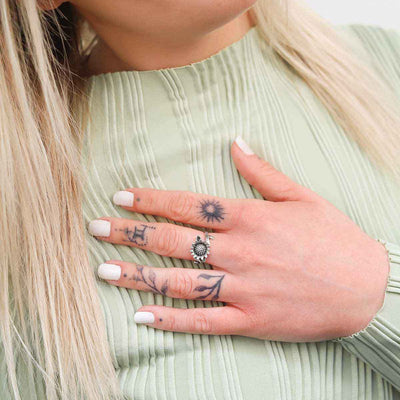 MZB144 Sterling Silver Adjustable Oxidised Sunflower Ring Model 2