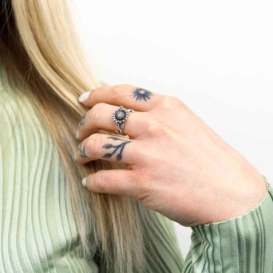 MZB144 Sterling Silver Adjustable Oxidised Sunflower Ring Model