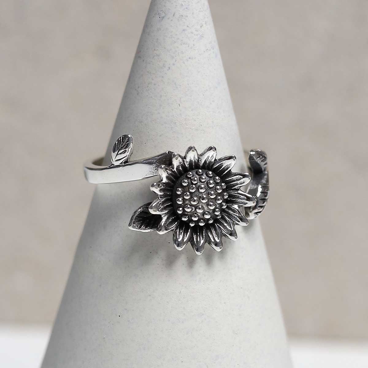 Sterling Silver Adjustable Oxidised Sunflower Ring