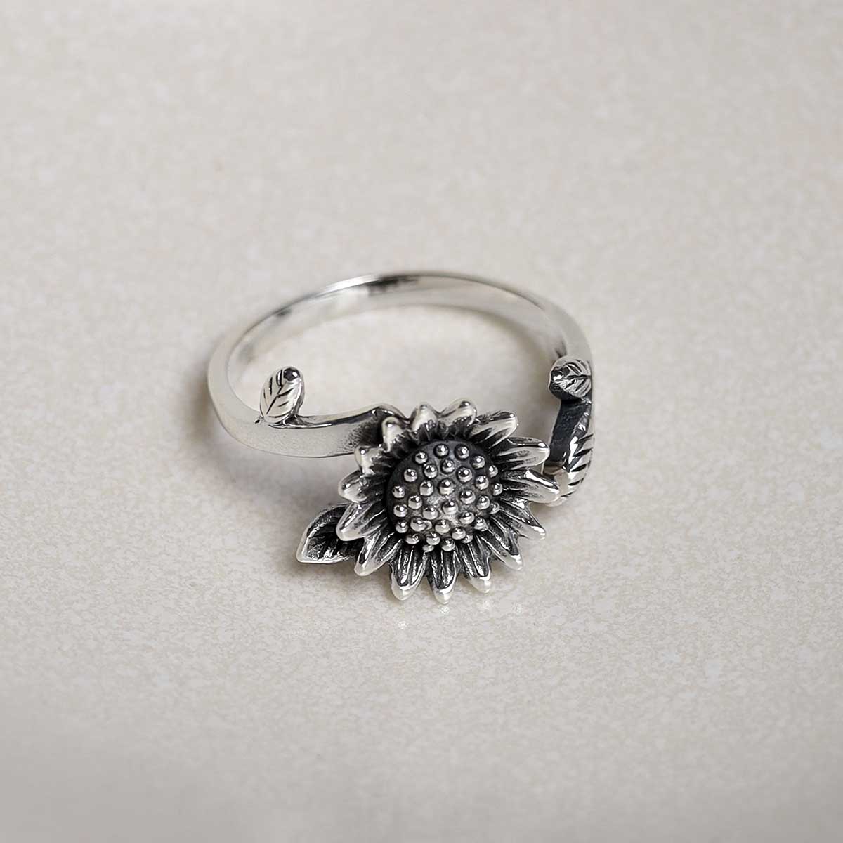 Sterling Silver Adjustable Oxidised Sunflower Ring