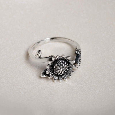 MZB144 Sterling Silver Adjustable Oxidised Sunflower Ring 1