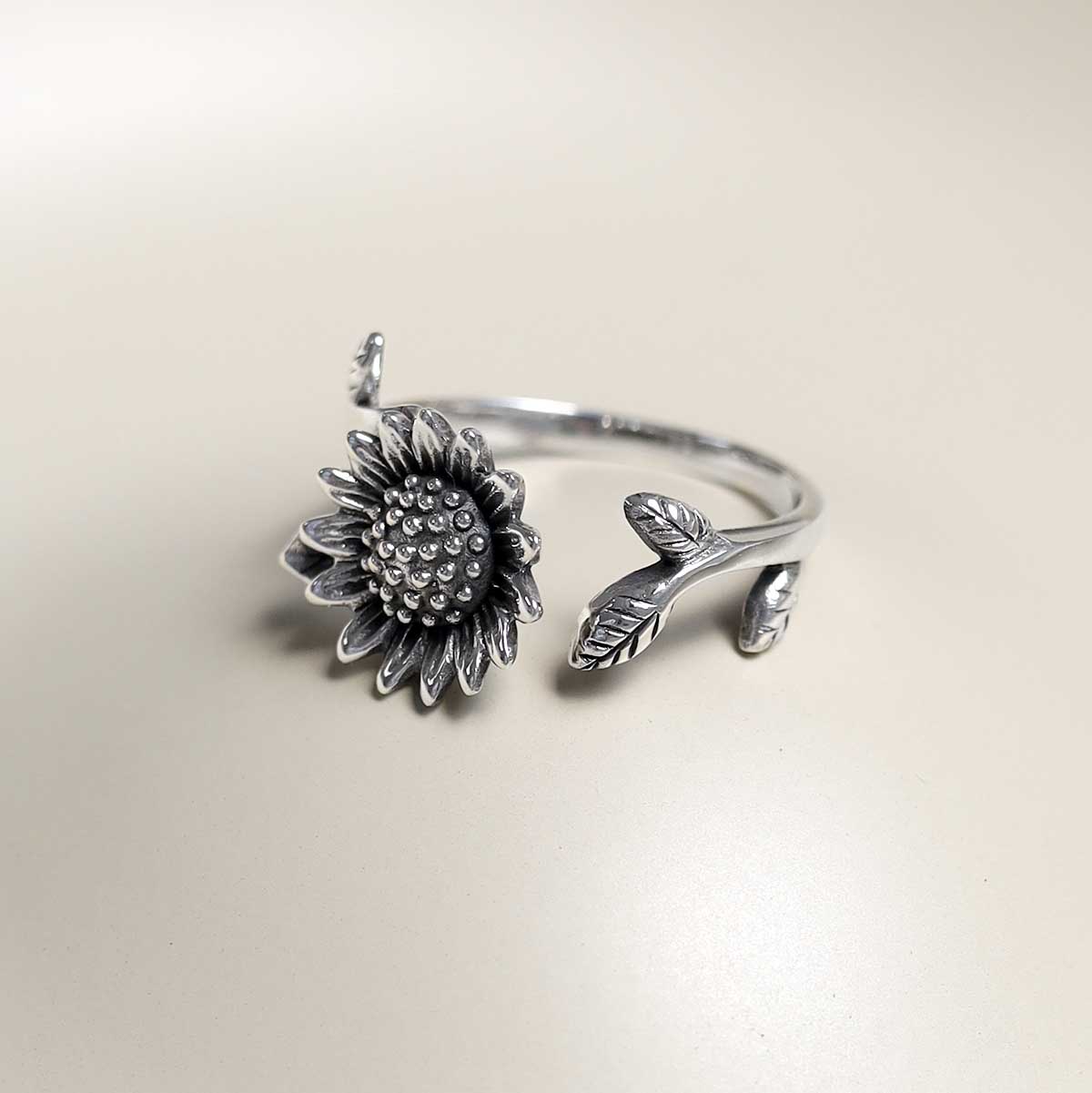 Sterling Silver Adjustable Oxidised Sunflower Ring