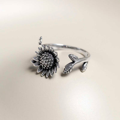 MZB144 Sterling Silver Adjustable Oxidised Sunflower Ring 3