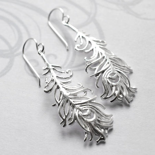 MJ0305E Silver Peacock Feather Earrings 1