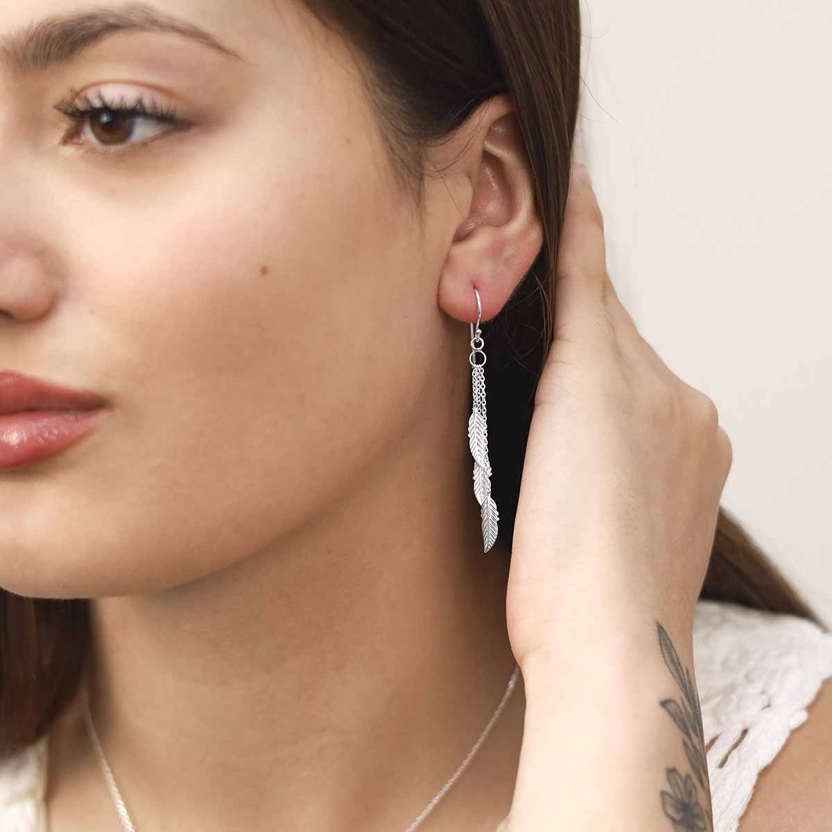Sterling Silver Cascading Feather Dangly Earrings