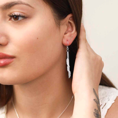 MZB79 Sterling Silver Cascading Feather Dangly Earrings Model