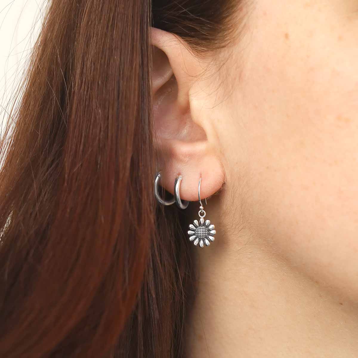 Sterling Silver Oxidised Delicate Daisy Dangly Earrings