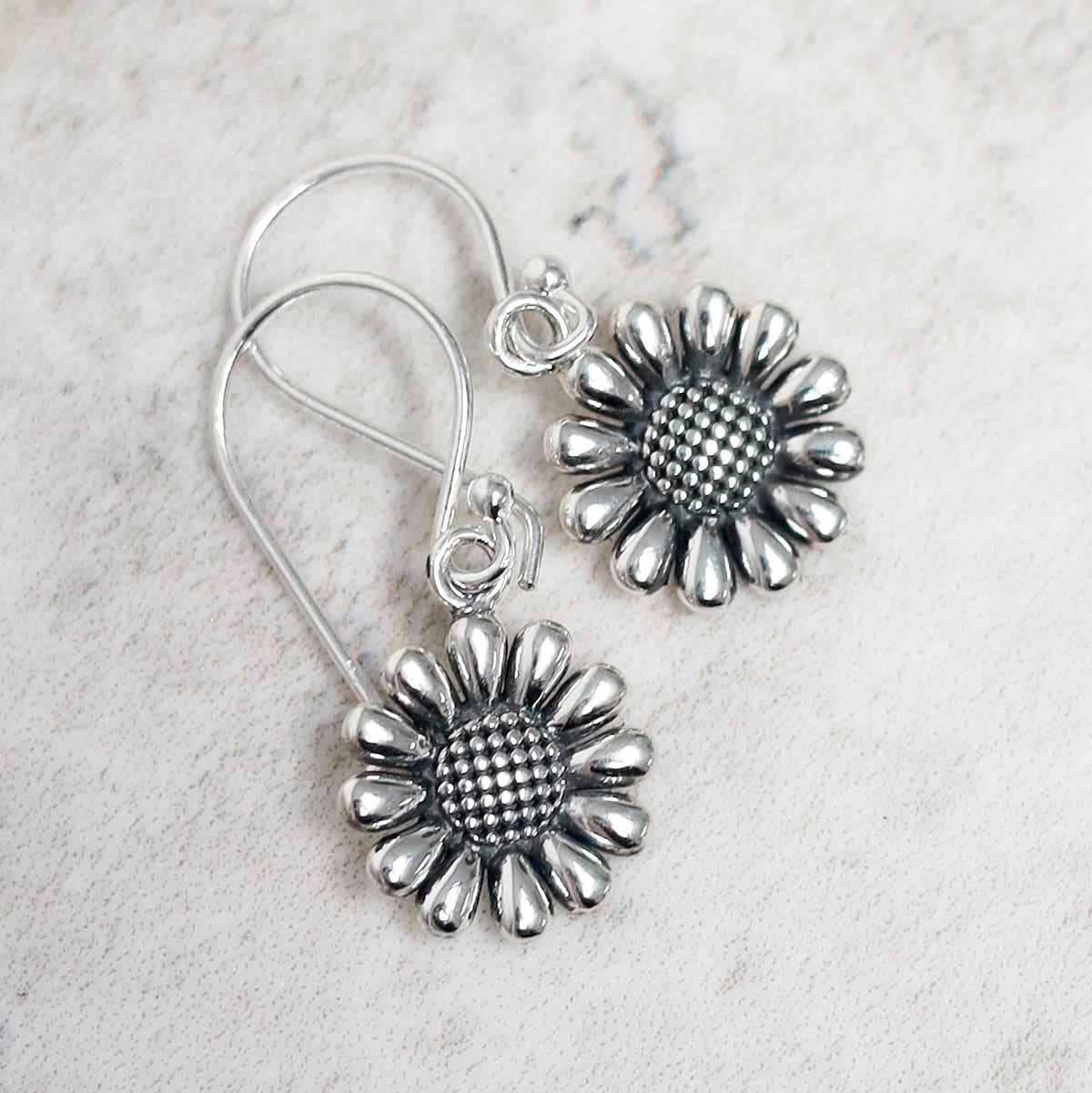 Sterling Silver Oxidised Delicate Daisy Dangly Earrings
