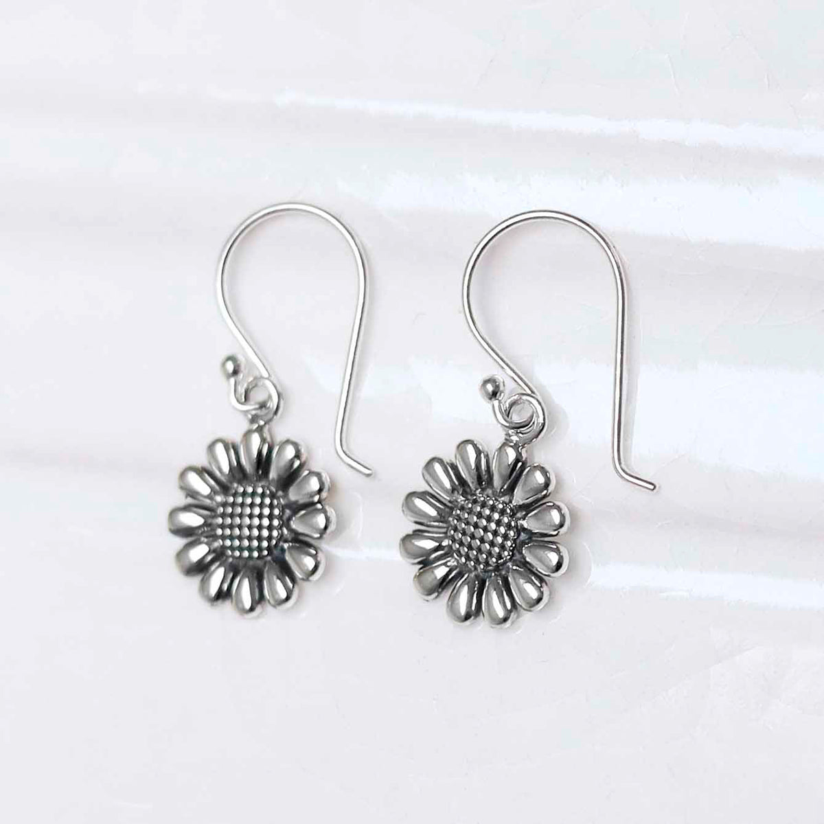 Sterling Silver Oxidised Delicate Daisy Dangly Earrings