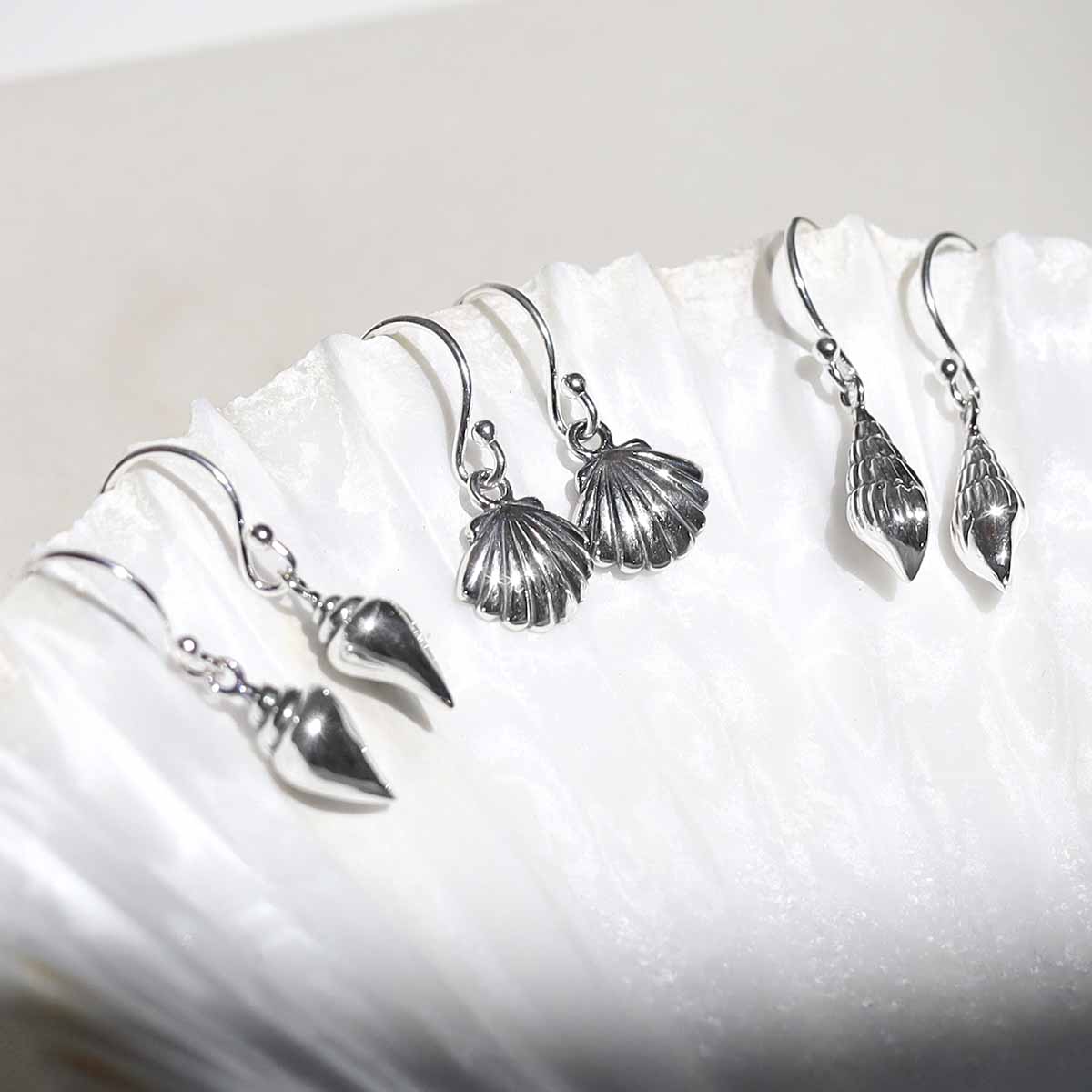 Sterling Silver Clam Shell Dangly Earrings