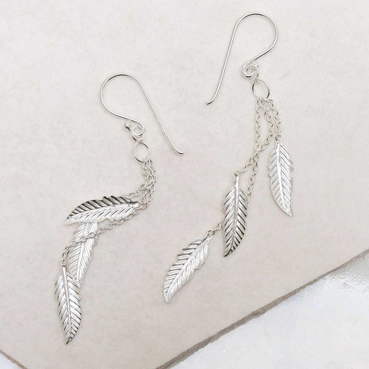 MZB79 Sterling Silver Cascading Feather Dangly Earrings 1