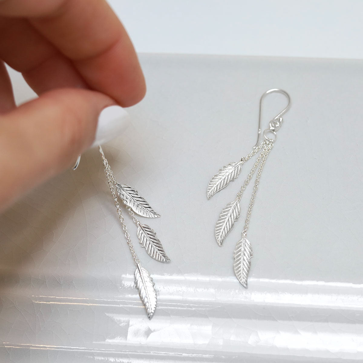 Sterling Silver Cascading Feather Dangly Earrings