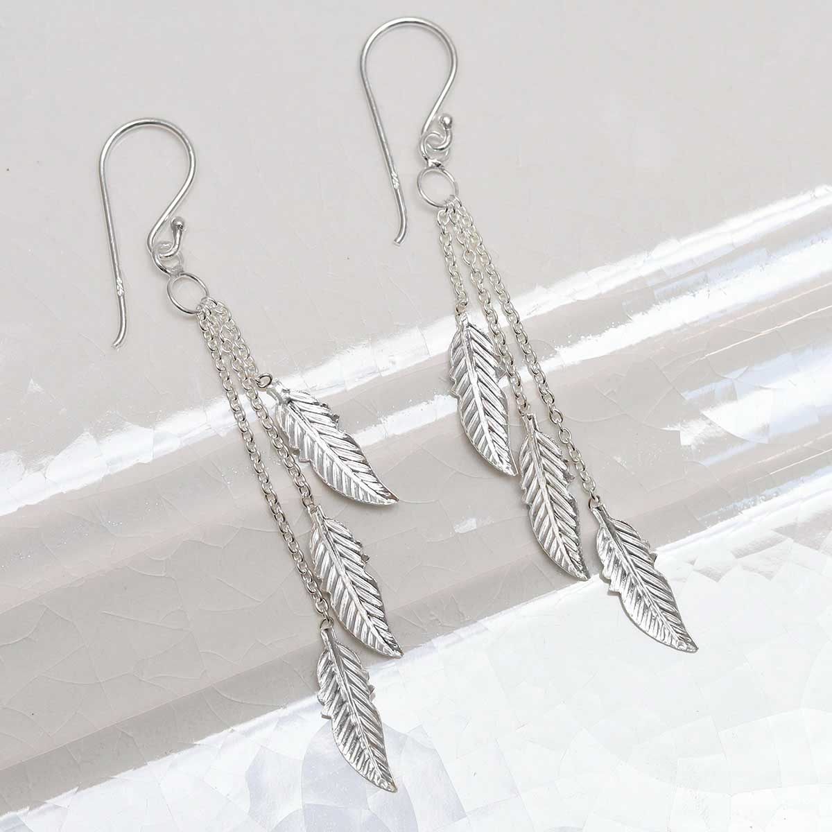 Sterling Silver Cascading Feather Dangly Earrings