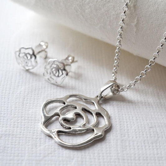 Contemporary Silver Rose Necklace and Earrings Set MJ0235S