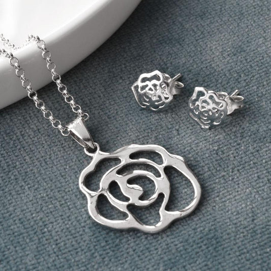 Contemporary Silver Rose Necklace and Earrings Set MJ0235S 3
