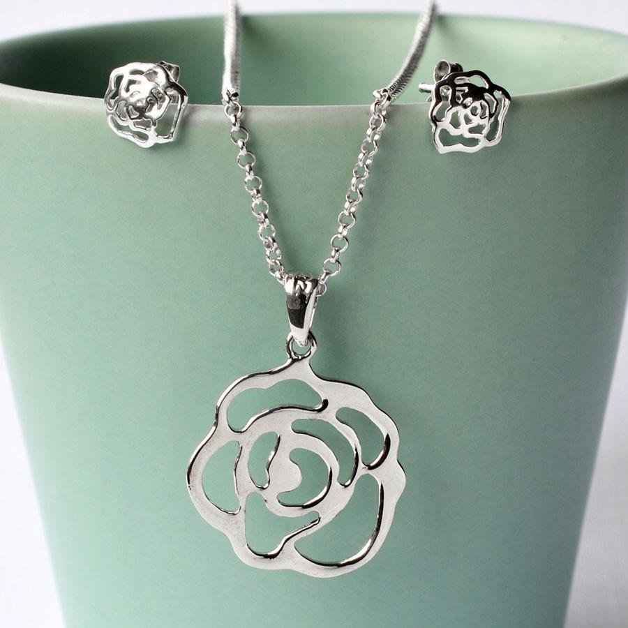 Sterling Silver Simple Rose Jewellery Set