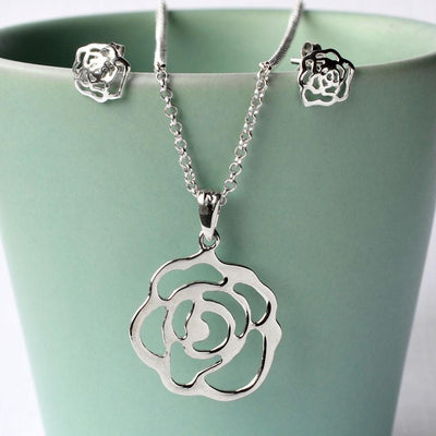 Contemporary Silver Rose Necklace and Earrings Set MJ0235S 6