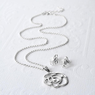 Contemporary Silver Rose Necklace and Earrings Set MJ0235S 5