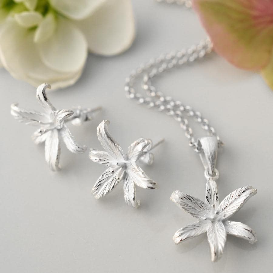 Sterling Silver Lily Flower Star Stud Earrings
