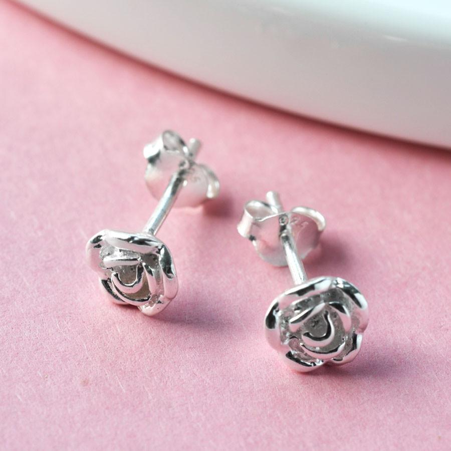 Sterling Silver English Rose Stud Earrings