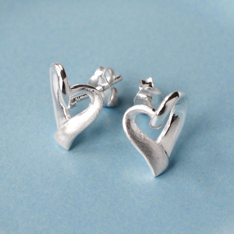 Sterling Silver Ribbon Heart Stud Earrings