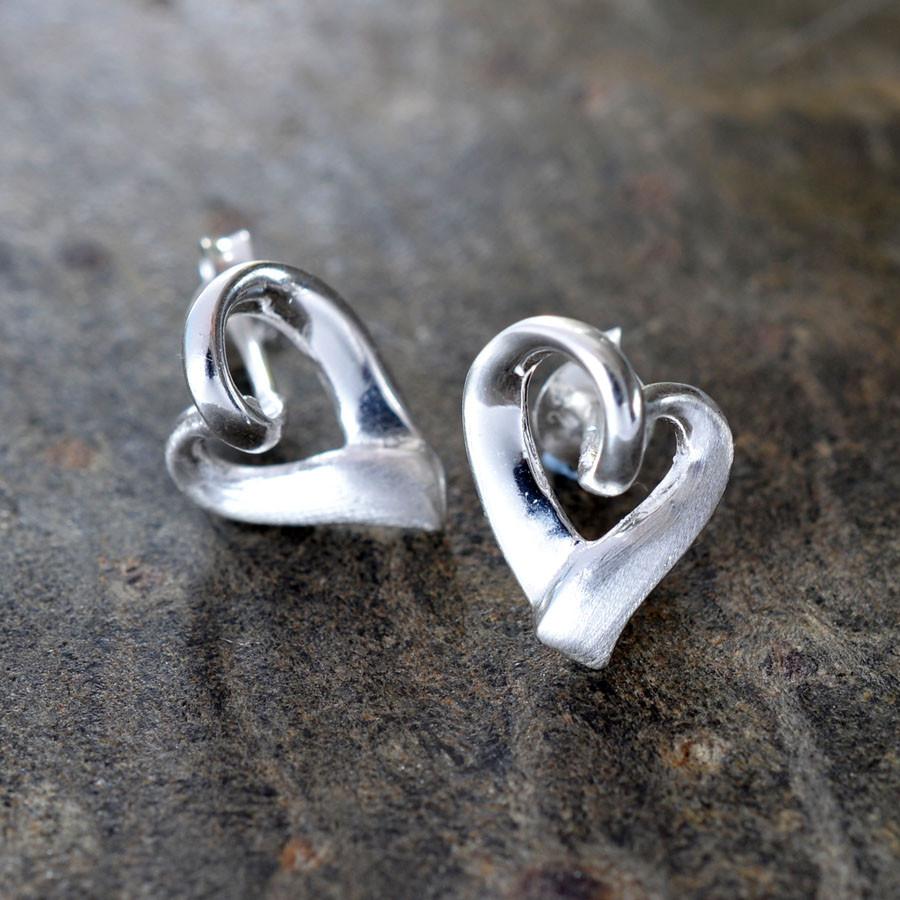 Sterling Silver Ribbon Heart Stud Earrings