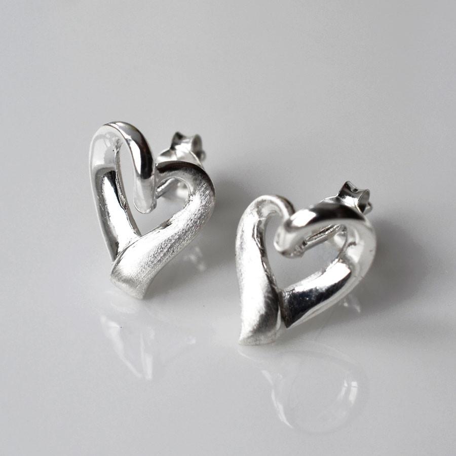 Sterling Silver Ribbon Heart Stud Earrings
